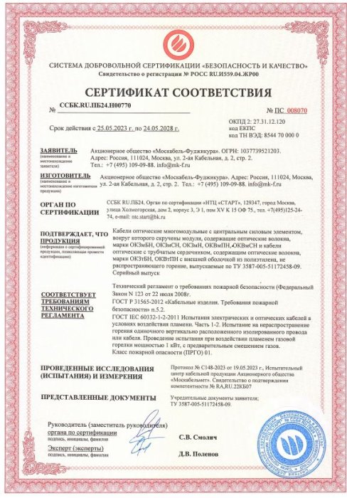 Сертификат пожарной безопасности Кабель категории качества "ВП" 1