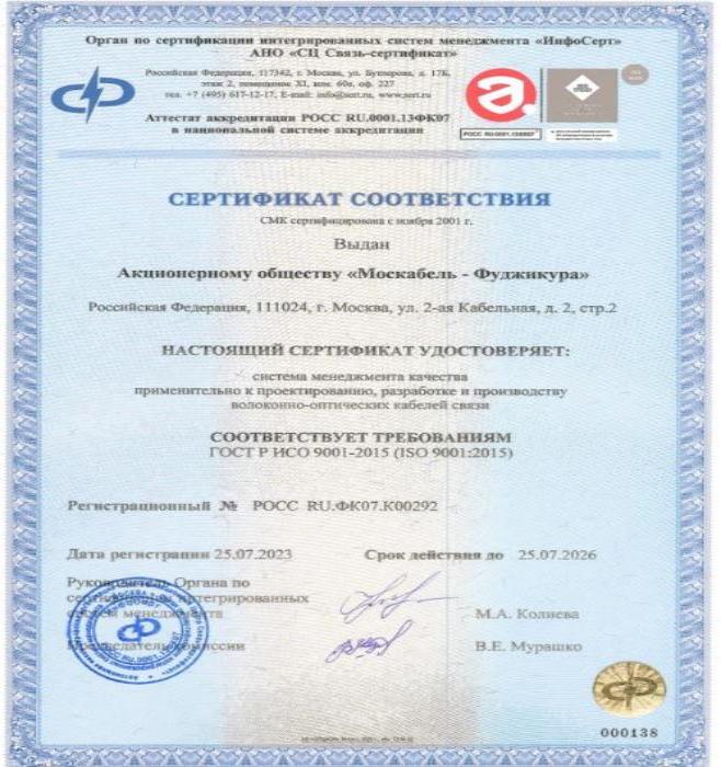 Сертификат соответствия №РОСС RU.ФК07.К00292