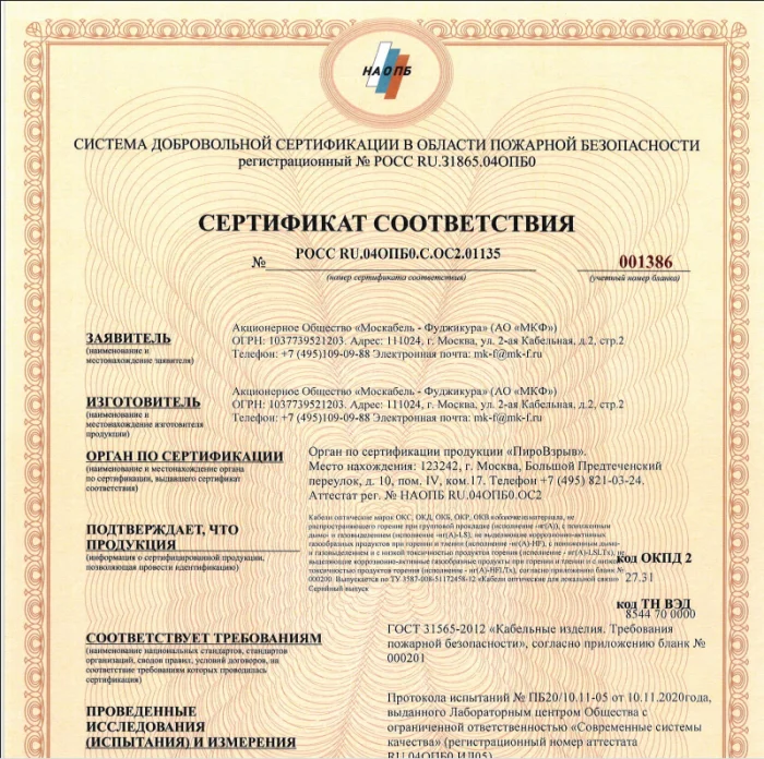 Сертификат пожарной безопасности ОКС, ОКД, ОКБ, ОКР, ОКВ -нг(А)LS-HF-LTx