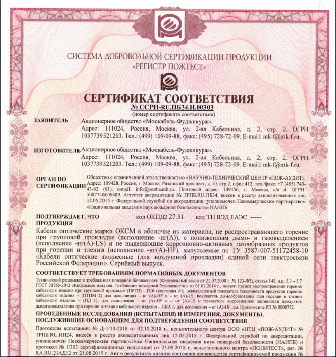 Сертификат пожарной безопасности ОКСМ_-нг(А)-LS-HF