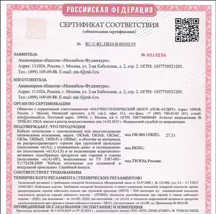 Сертификат пожарной безопасности Кабель категории качества "ВП"