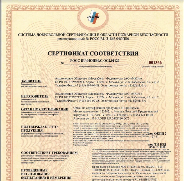 Сертификат пожарной безопасности ОКГМ(Ц),ОККМ(Ц),ОКТМ(Ц),ОКГМ(Ц)д-нг(А)-LS-HF-LTx